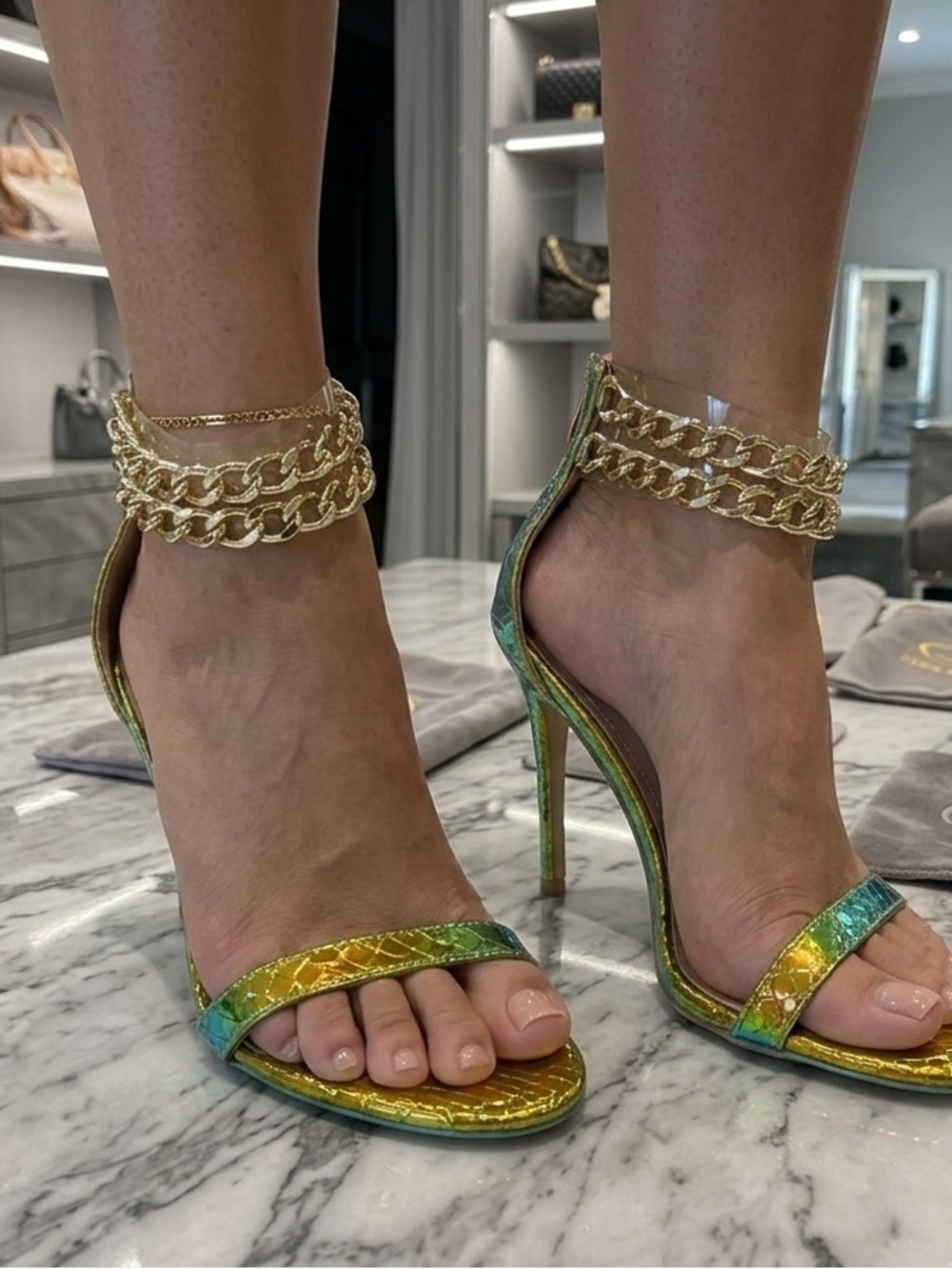 Cape Robbin Iridescent Green and Gold Chain-Ankle Stiletto Sandals